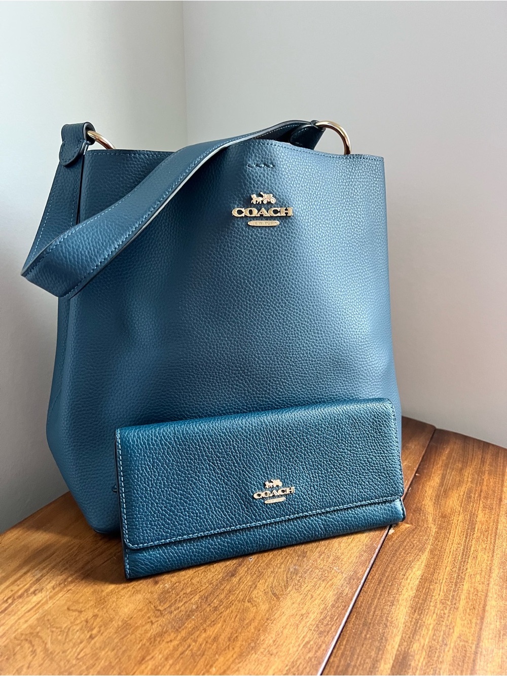 Coach Teal Pebbled Leather Shoulder Bag with Matching Wallet